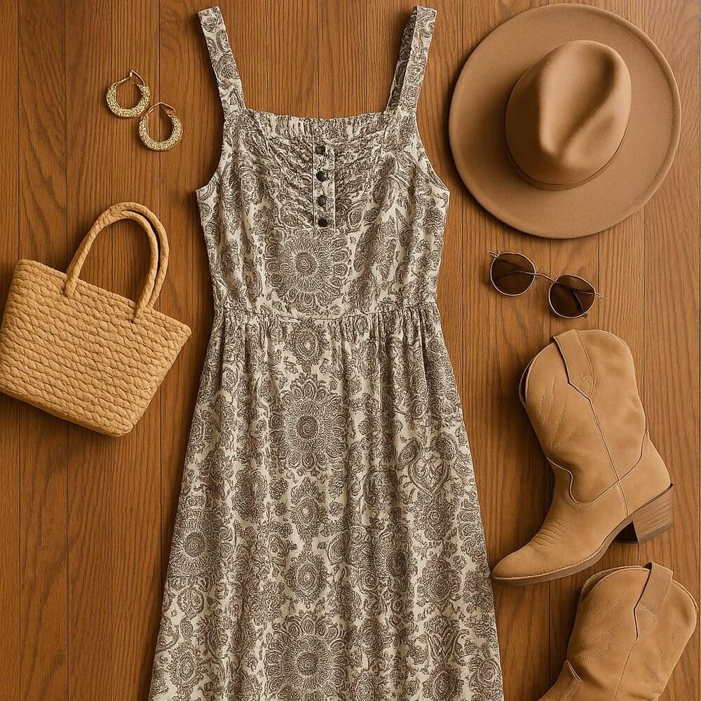 Denim 24/7 Prairie Midi Dress – Cowgirl Style – Cream/Brown – 18W